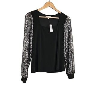 Maurices Black Blouse Shirt Silver Sequin Long Sleeves Party Cocktail Size S NWT